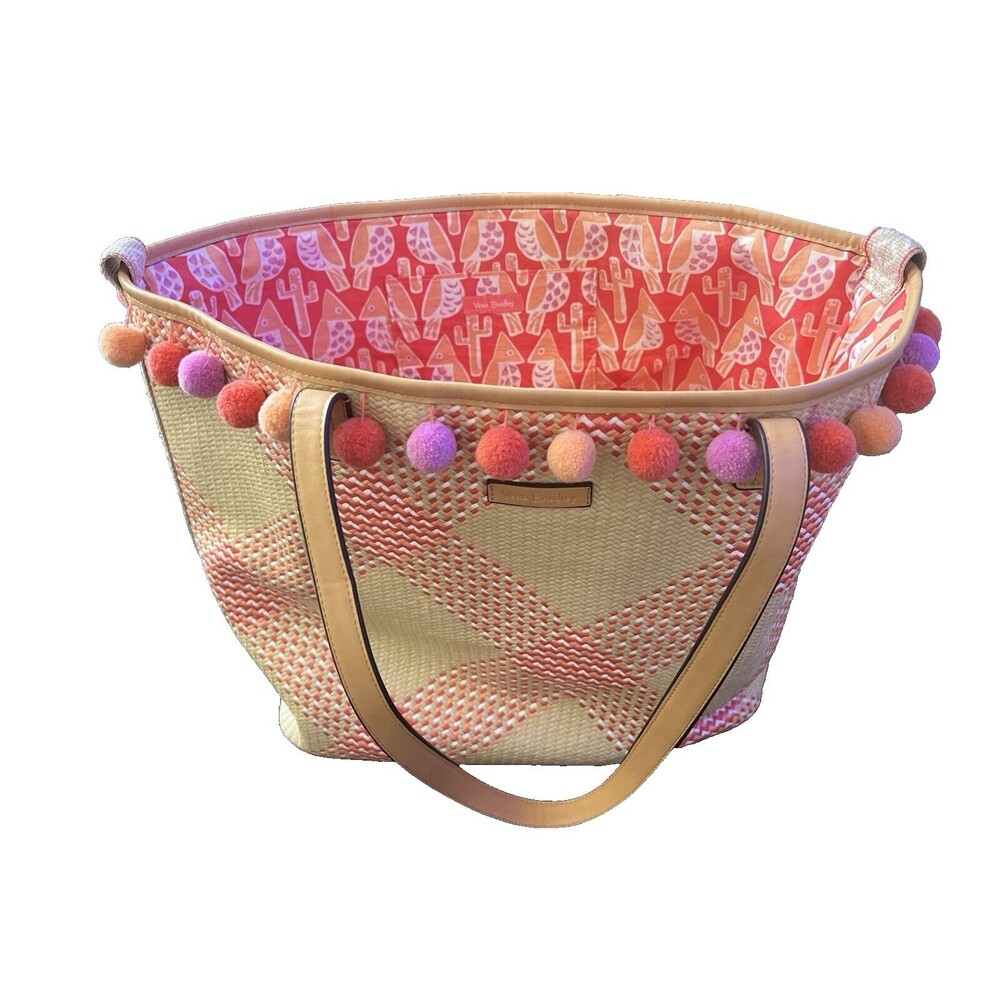 Vera Bradley Large Straw Beach Tote Woven Coral Purple Pink. Bird print Open Top